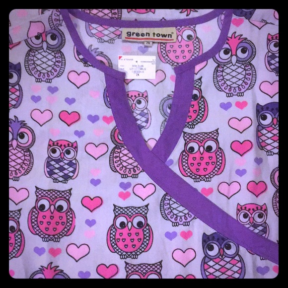 NWT 💕 OWLS HEARTS LOVE BIRD SCRUB TOP M XL - Picture 2 of 3